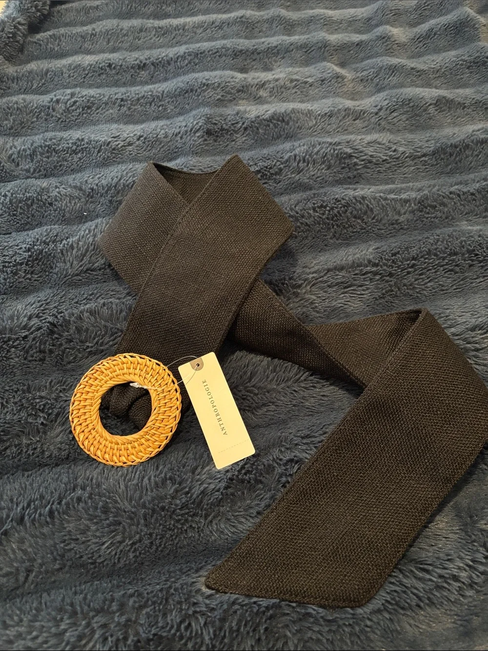 Anthropologie Black Woven Belt with Rattan Round Buckle